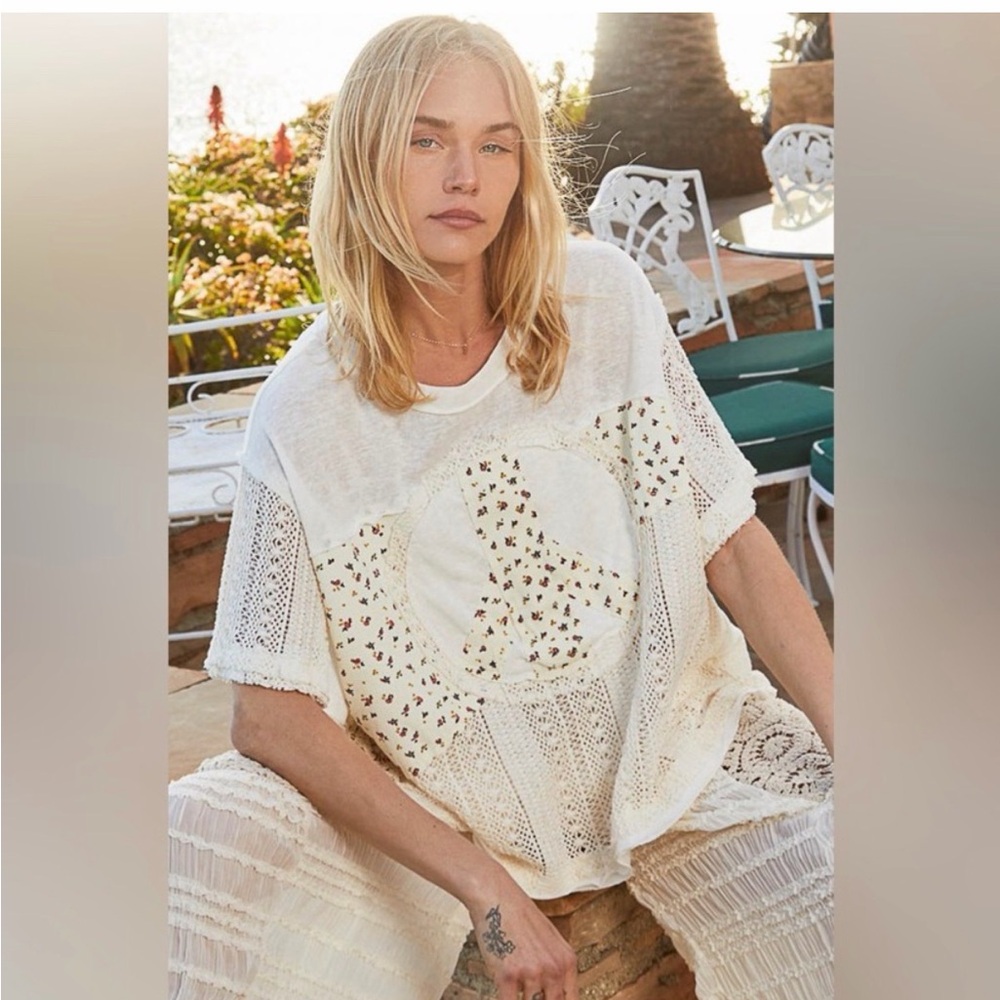 POL Cream Crochet Knit Peace Sign Tee Oversized